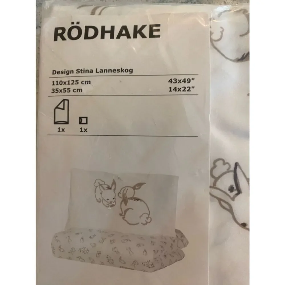 Ikea Rodhake Infant Crib Bunny Print Bedding Set - White and Tan